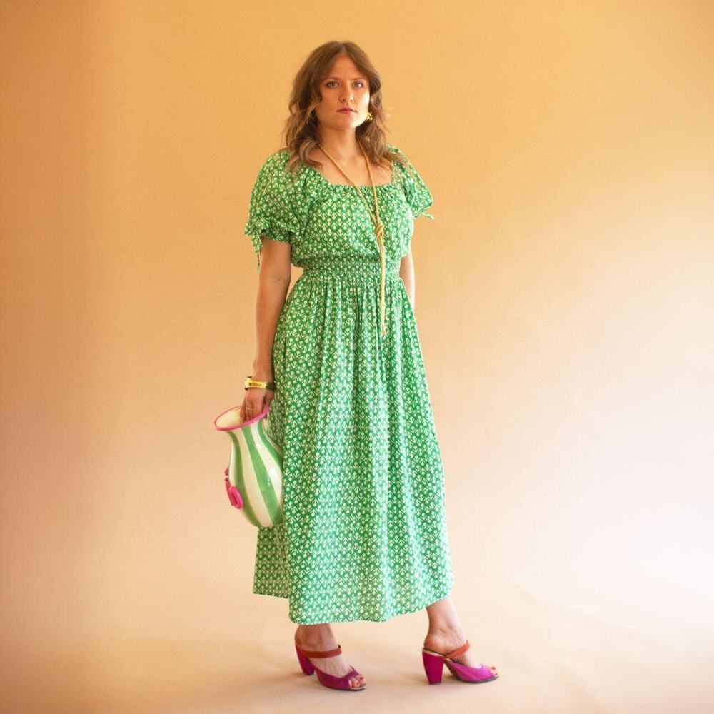 Green Printed Off-Shoulder Midi Dress | Smocked Waist Boho Dress